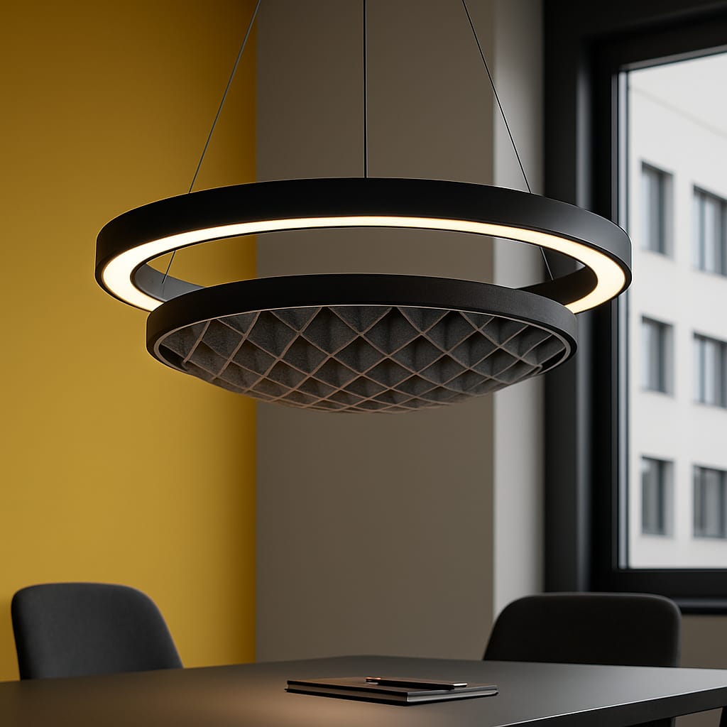 Akustik Ringleuchte mit LED-Licht und PET-Wabenkern, moderne Pendelleuchte für Büro und Besprechungsraum.