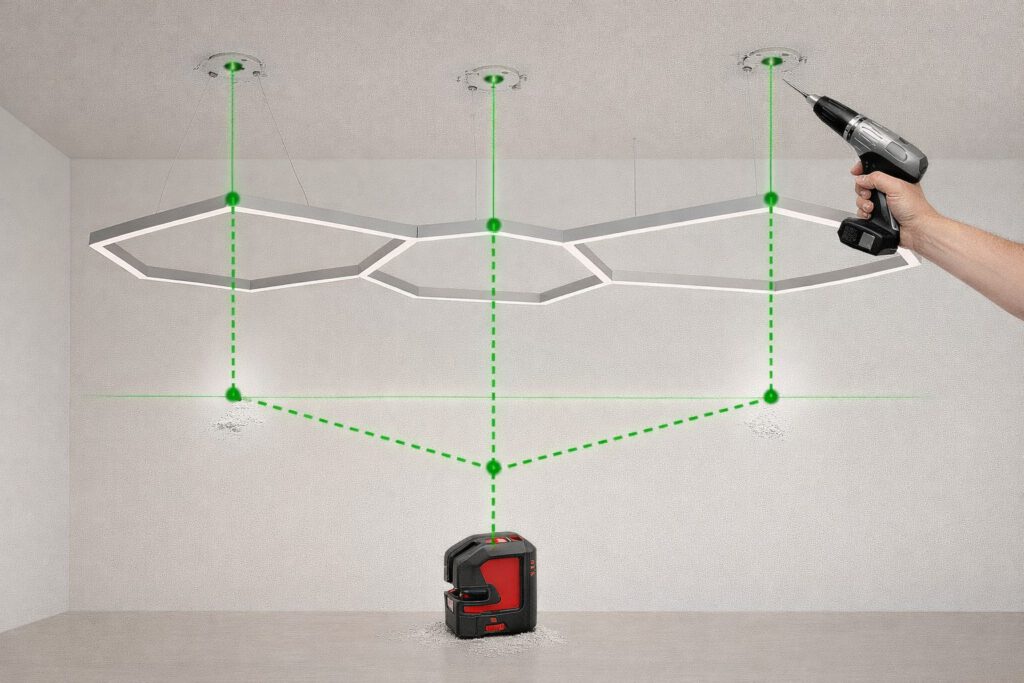 Laser-Bohrhilfe zur präzisen Übertragung von Bohrpunkten bei der Montage großformatiger Pendelleuchten