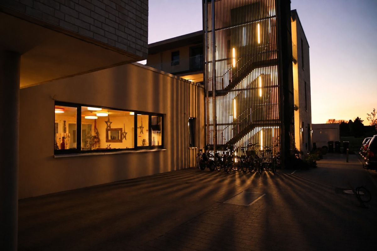 Architectural object lighting for building exterior with LED staircase and facade lighting
