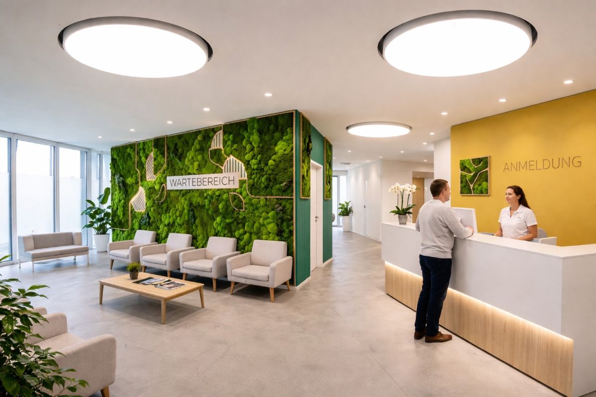 Modern healthcare reception area with LED ceiling lights and acoustic moss wall