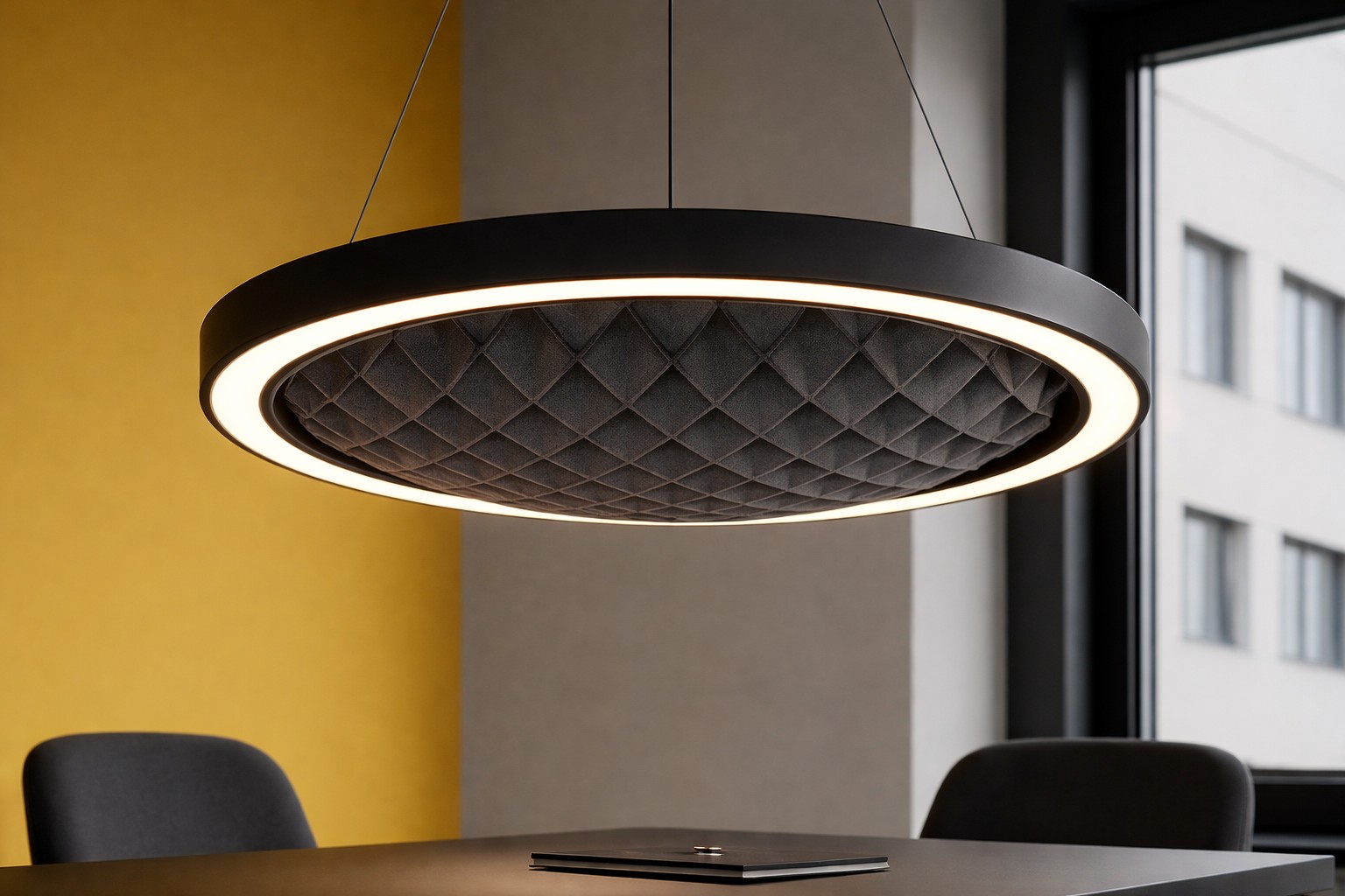 WABER acoustic pendant light with LED ring for meeting room interiors